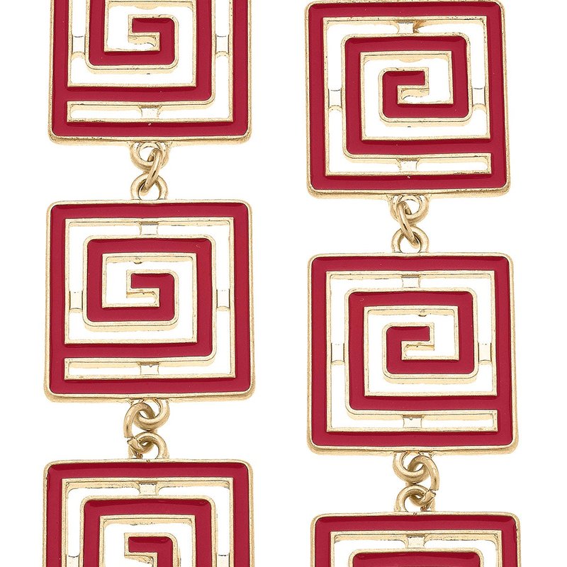 Canvas Style Gretchen Game Day Greek Keys Linked Enamel Earrings In Crimson In Red