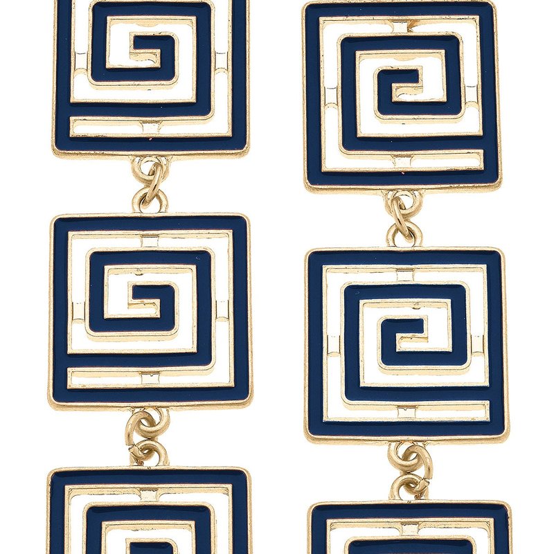 Canvas Style Gretchen Game Day Greek Keys Linked Enamel Earrings In Navy In Blue