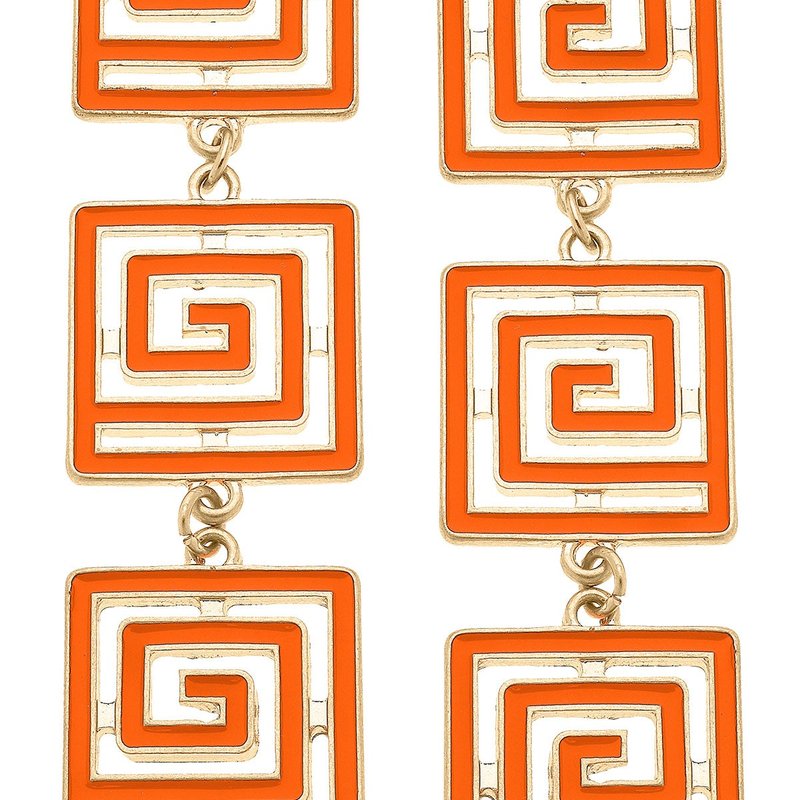 Canvas Style Gretchen Game Day Greek Keys Linked Enamel Earrings In Orange