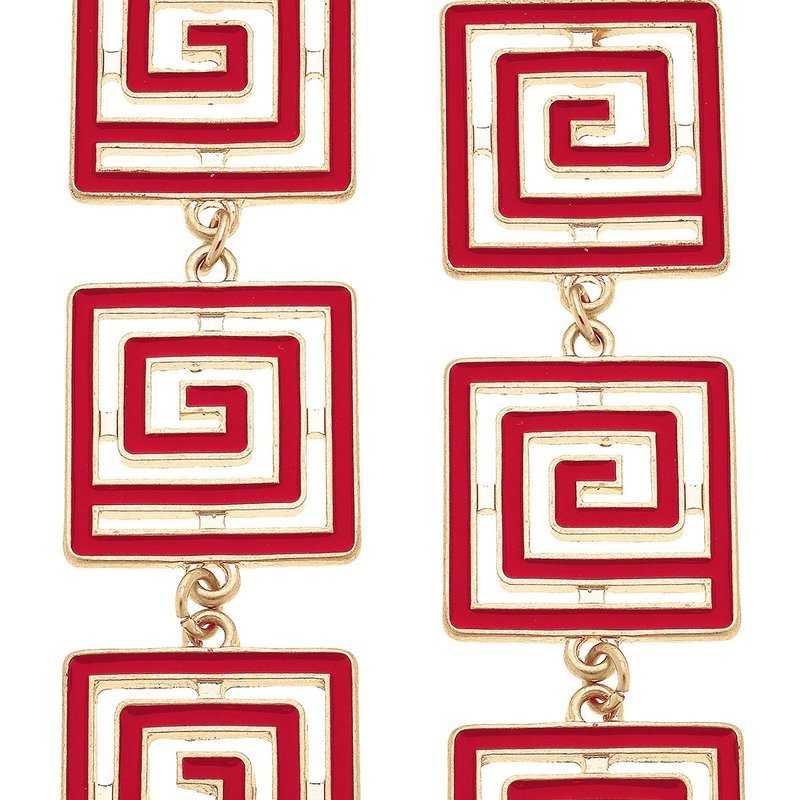 Canvas Style Gretchen Game Day Greek Keys Linked Enamel Earrings In Red