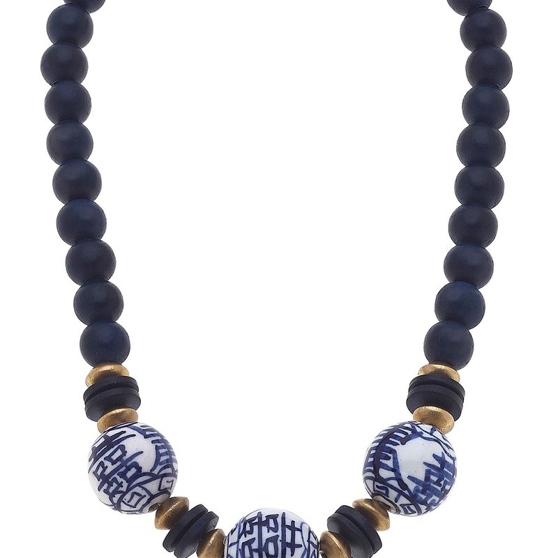 Canvas Style Hazel Chinoiserie & Painted Wood Necklace In Navy In Blue