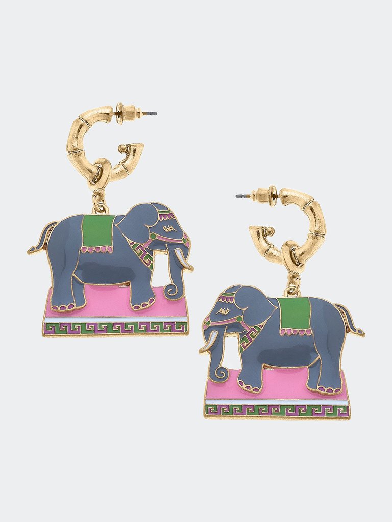 Helen Enamel Elephant Earrings In Pink & Green - Pink/Green