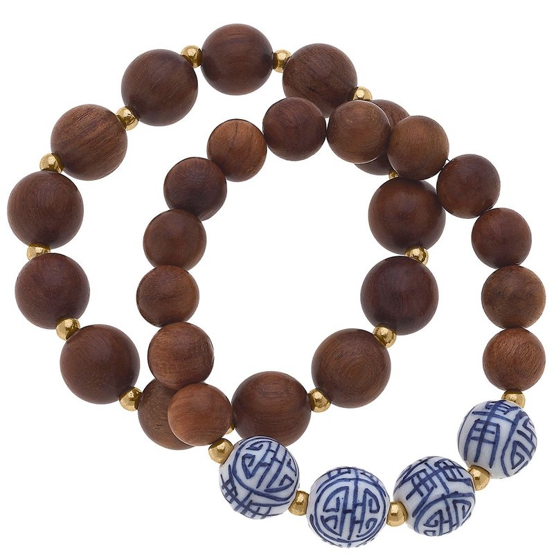 Canvas Style Iris Chinoiserie & Wood Stretch Bracelet Stack In Brown