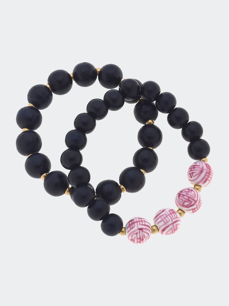Iris Pink & White Chinoiserie & Painted Wood Stretch Bracelet Stack - Set of 2 - Navy Multi