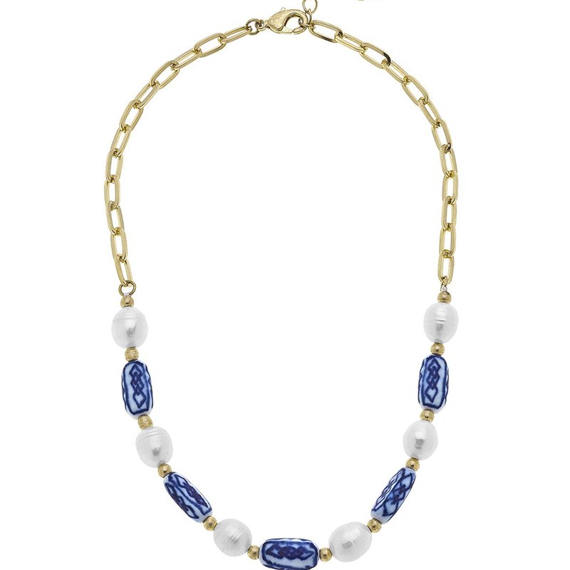 Canvas Style Katherine Chinoiserie & Pearl Necklace In Blue & White