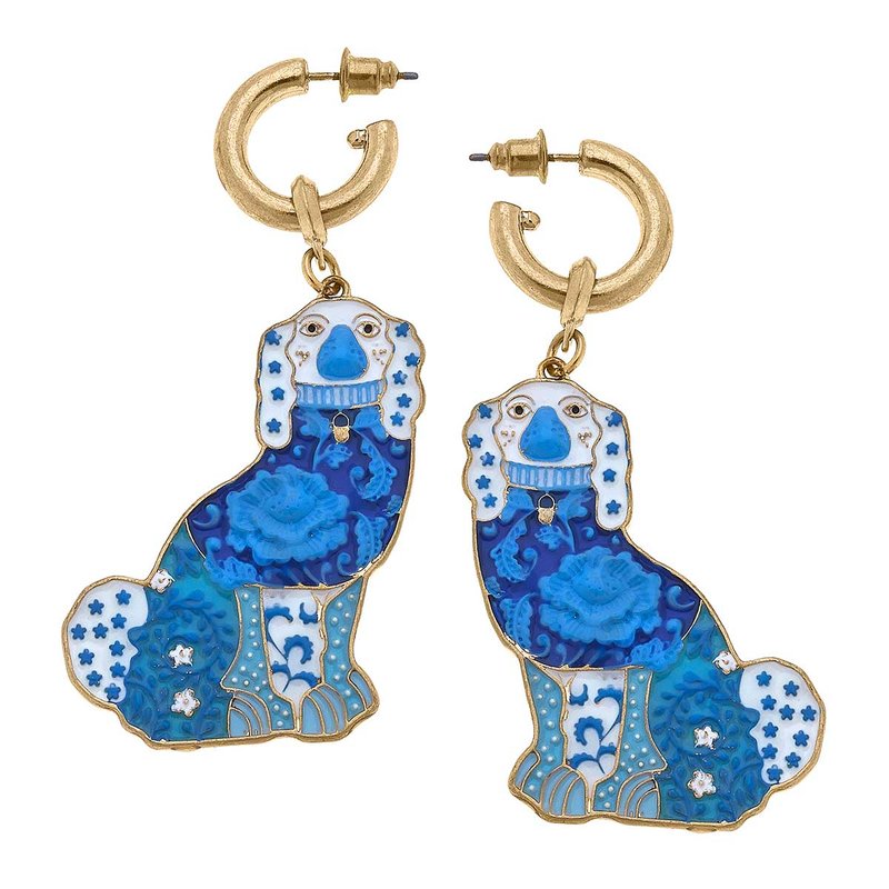 Canvas Style Lacey Enamel Staffordshire Dog Earrings In Blue & White