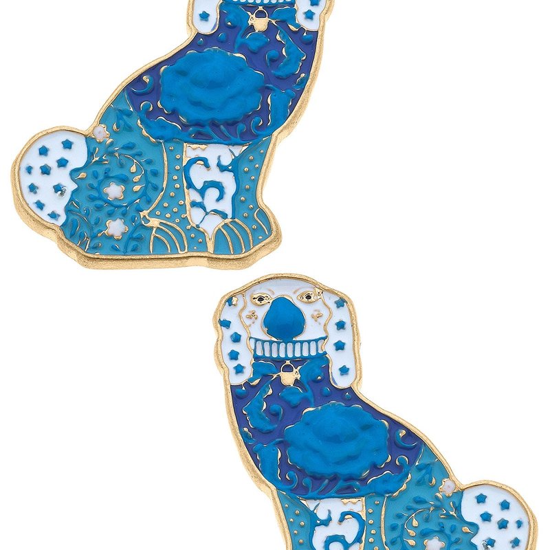 Canvas Style Lacey Enamel Staffordshire Dog Stud Earrings In Blue