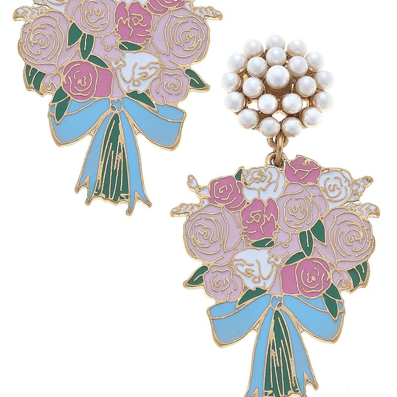 Canvas Style Laney Enamel Bridal Bouquet And Pearl Cluster Earrings In Blue