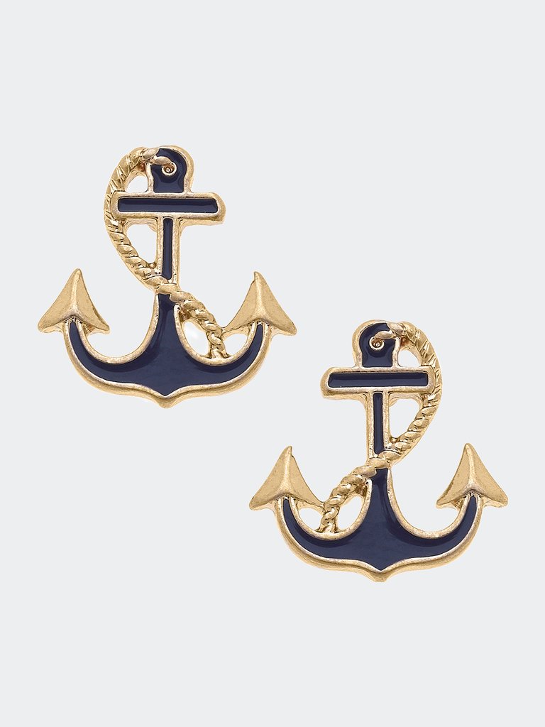 Laura Enamel Anchor  Stud Earrings In Navy - Navy/White