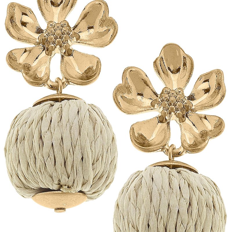 Canvas Style Lilah Flower Stud With Raffia Ball Earrings In Brown
