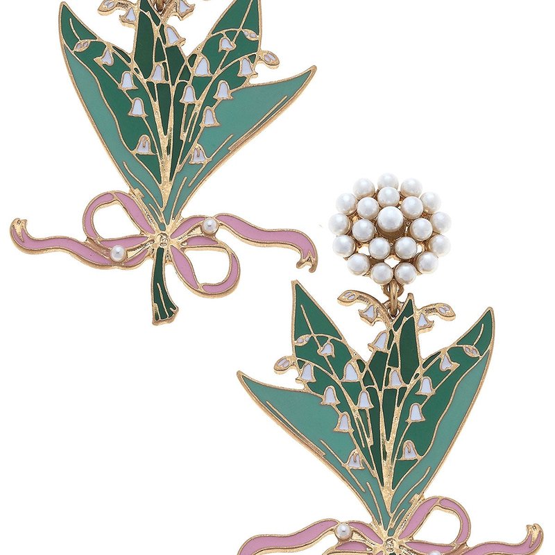 Canvas Style Lily Of The Valley Enamel Bouquet Earrings In Green & Pink