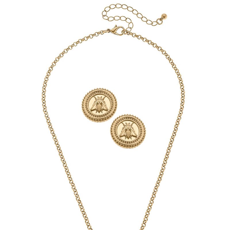 Canvas Style Lizette Bee Medallion Earring And Necklace Set In Gold