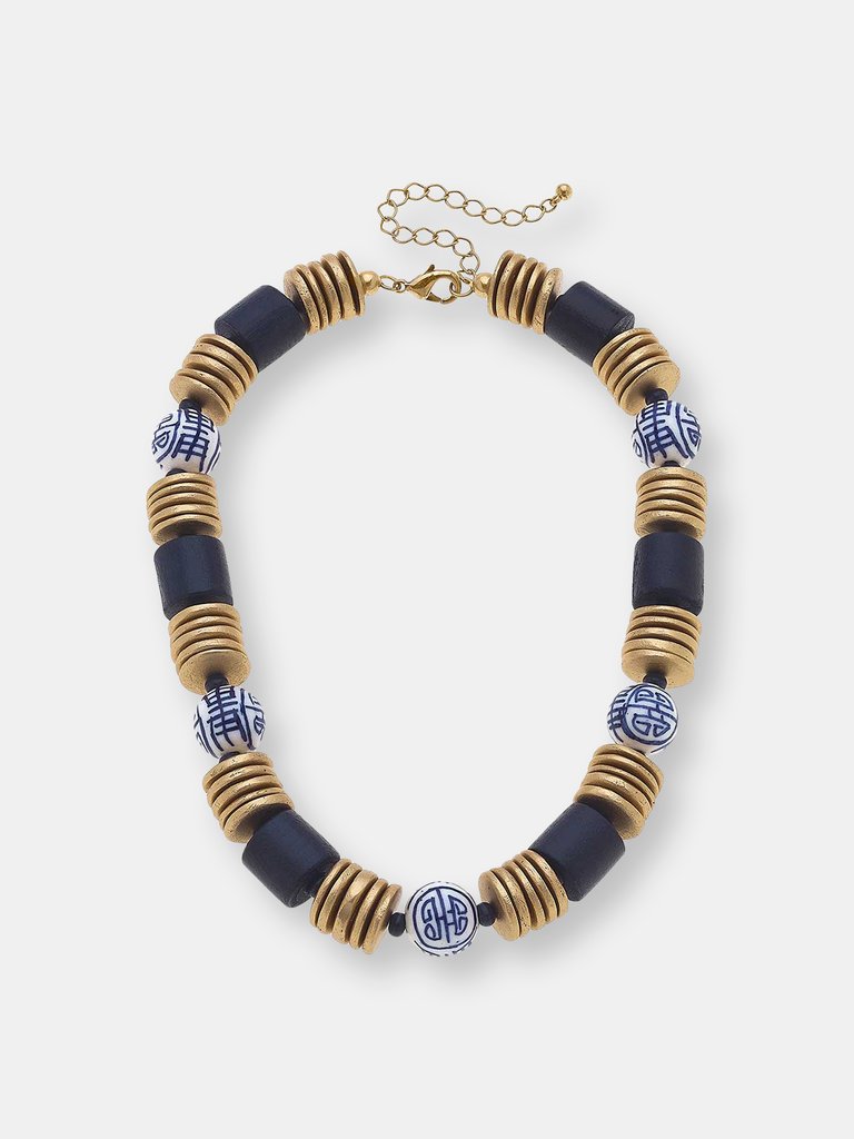 Lorelei Blue & White Chinoiserie & Painted Wood Statement Necklace - Navy