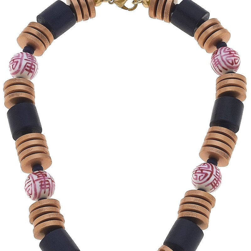 Canvas Style Lorelei Pink & White Chinoiserie & Painted Wood Statement Necklace In Blue