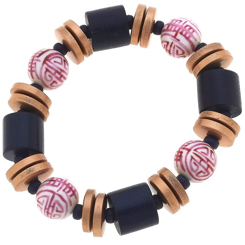 Canvas Style Lorelei Pink & White Chinoiserie & Painted Wood Stretch Bracelet In Blue