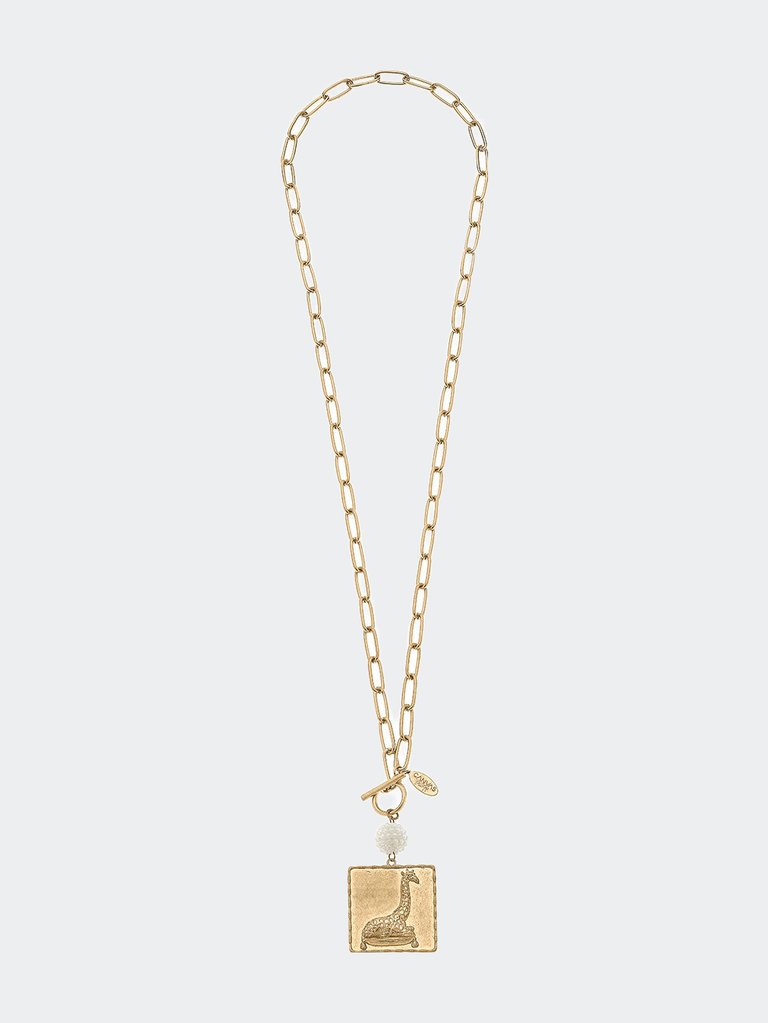 Lou Pearl Cluster & Giraffe Pendant T-Bar Necklace - Worn Gold