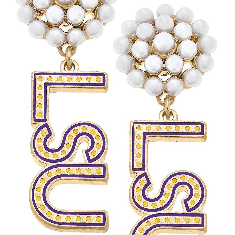 Canvas Style Lsu Tigers Pearl Cluster Dotted Enamel Drop Earrings In Yellow