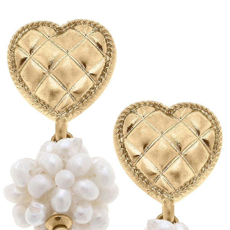 Canvas Style Lucinda Pearl Cluster & Quilted Metal Heart Drop Earrings In Yellow