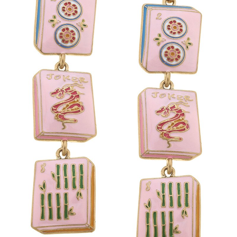 Canvas Style Mahjong Tile Triple Drop Pearl Cluster Enamel Earrings In Pink