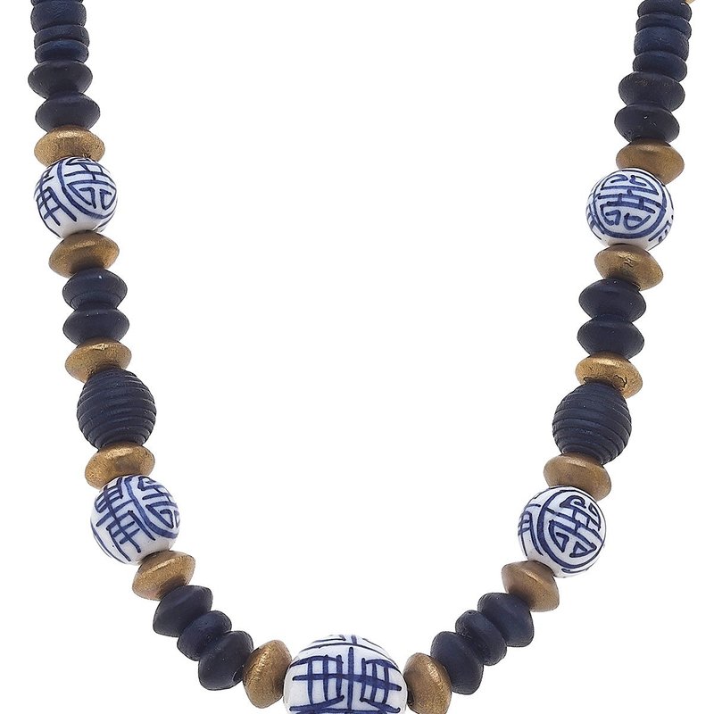 Canvas Style Mallory Blue & White Chinoiserie & Painted Wood Necklace In Navy