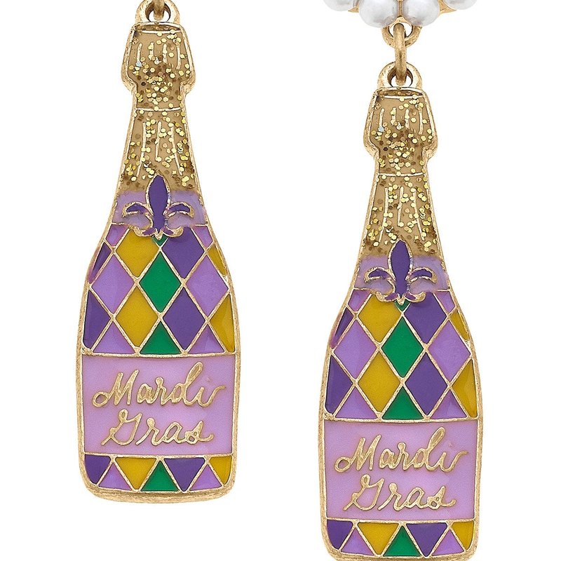 Canvas Style Mardi Gras Argyle Champagne Bottle Enamel Earrings In Purple