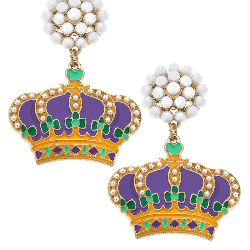 Canvas Style Mardi Gras Crown Enamel Earrings In Purple