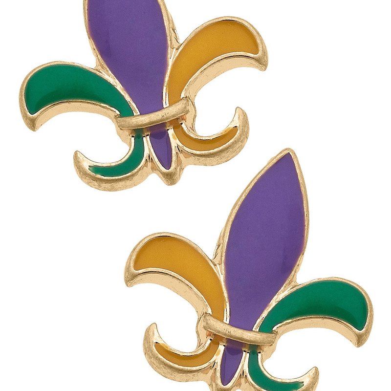 Canvas Style Mardi Gras Fleur De Lis Enamel Stud Earrings In Multi