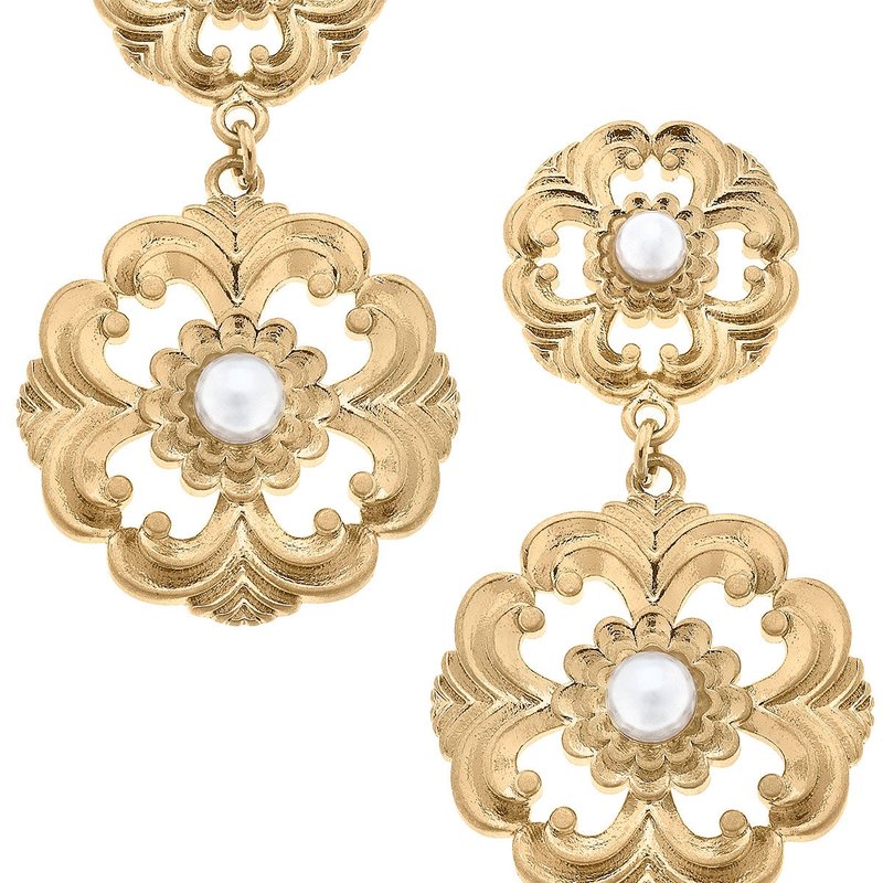 Canvas Style Marguerite Acanthus & Pearl Drop Earrings In Gold
