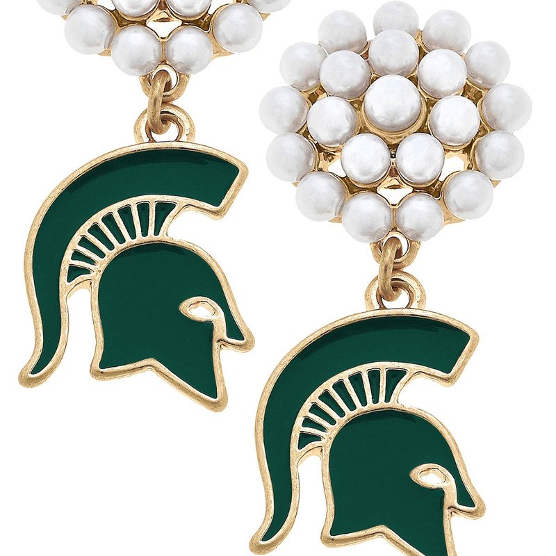 Canvas Style Michigan State Spartans Pearl Cluster Enamel Drop Earrings In Green