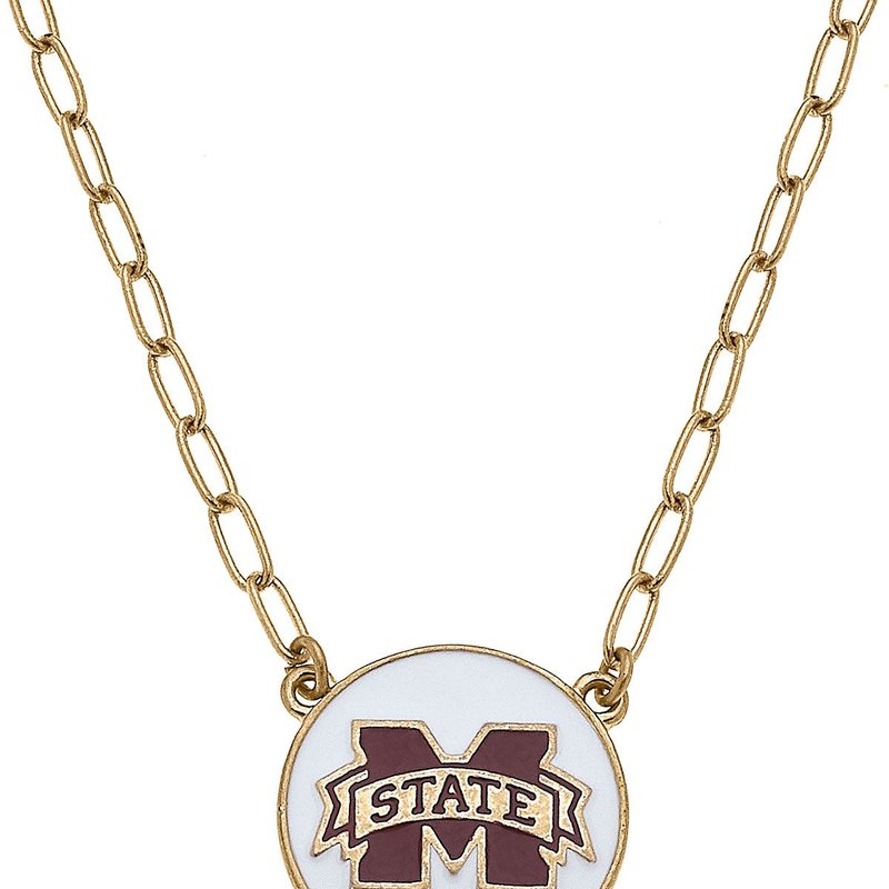 Canvas Style Mississippi State Bulldogs Enamel Disc Pendant Necklace In White