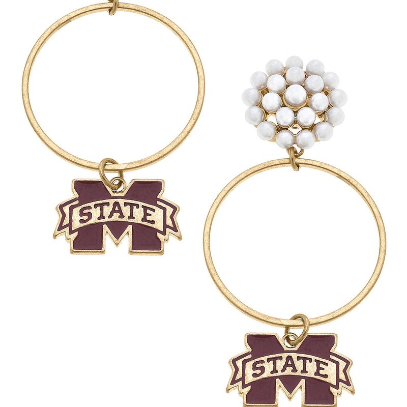 Canvas Style Mississippi State Bulldogs Pearl Cluster Enamel Hoop Earring In Red