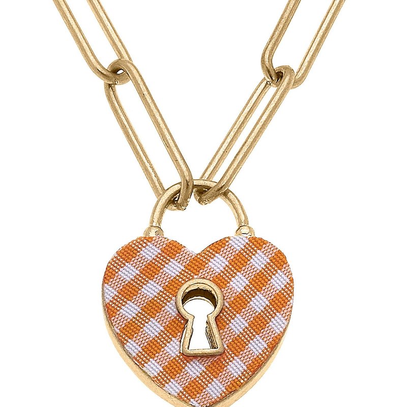 Canvas Style Monclér Gingham Heart Padlock Necklace In Orange