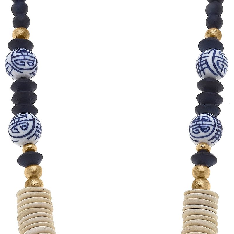 Canvas Style Monroe Blue & White Chinoiserie & Painted Wood Necklace In Navy