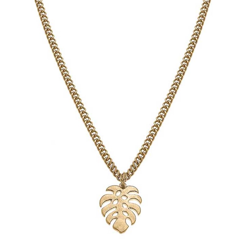 Canvas Style Monstera Leaf Charm Necklace In Worn Gold