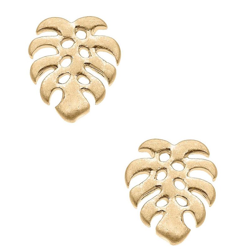 Canvas Style Monstera Leaf Stud Earrings In Worn Gold