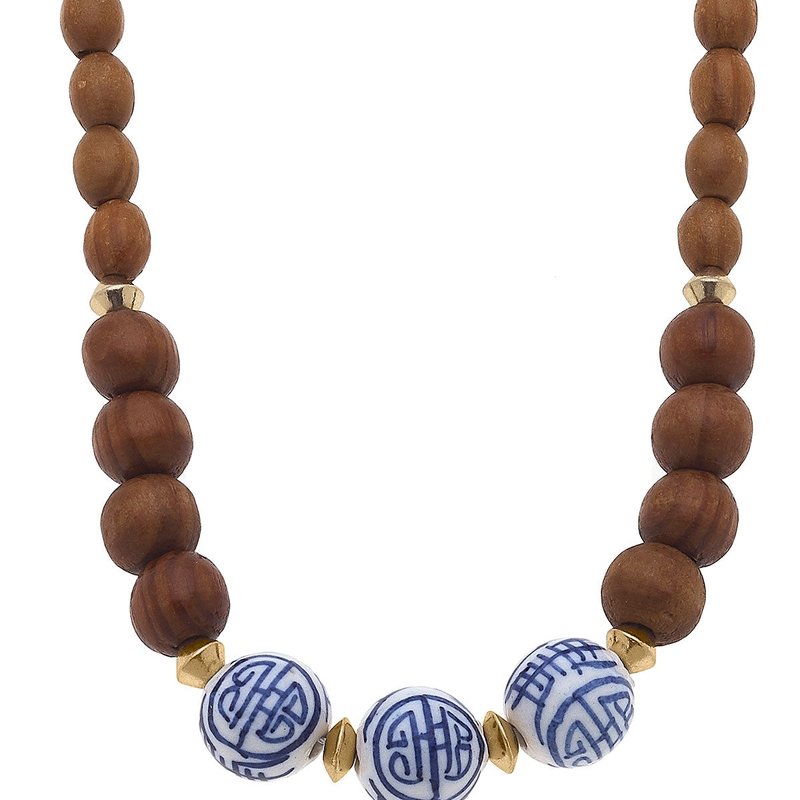 Canvas Style Oakley Blue & White Chinoiserie & Wood Necklace In Brown
