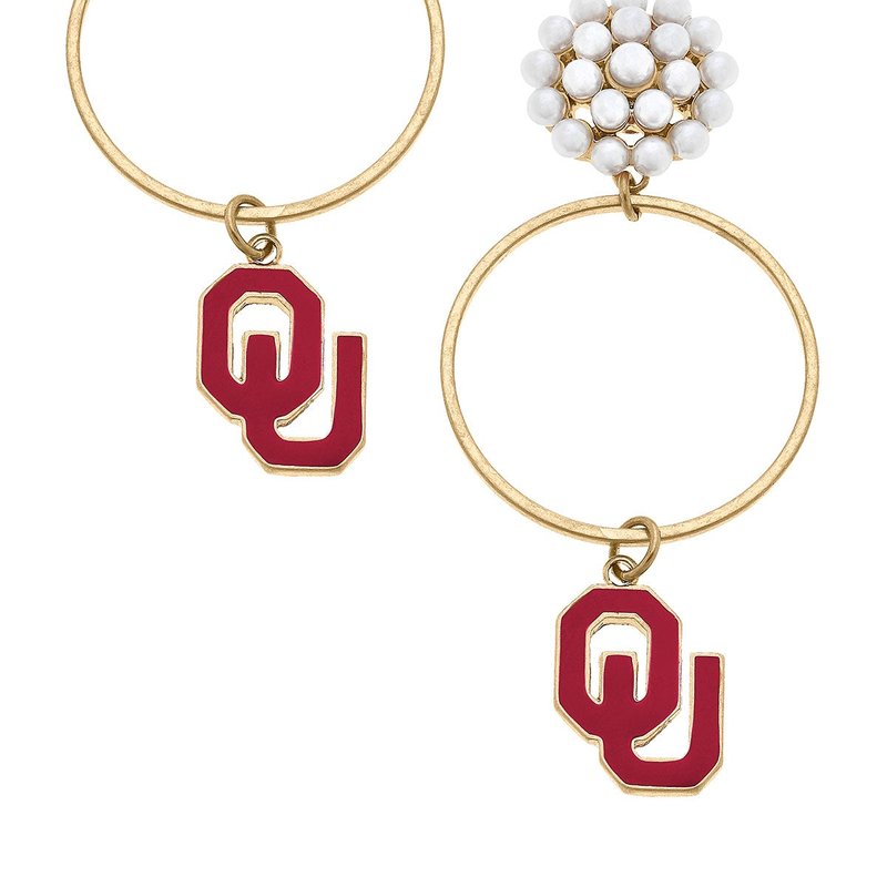 Canvas Style Oklahoma Sooners Pearl Cluster Enamel Hoop Earrings In Red