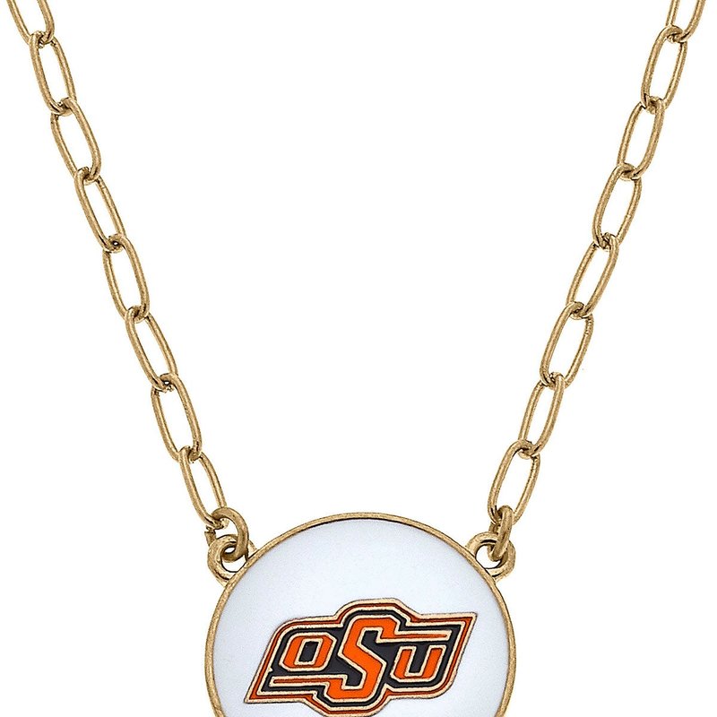 Canvas Style Oklahoma State Cowboys Enamel Disc Pendant Necklace In White