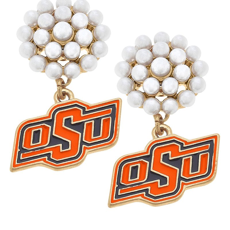 Canvas Style Oklahoma State Cowboys Pearl Cluster Enamel Drop Earrings In Orange