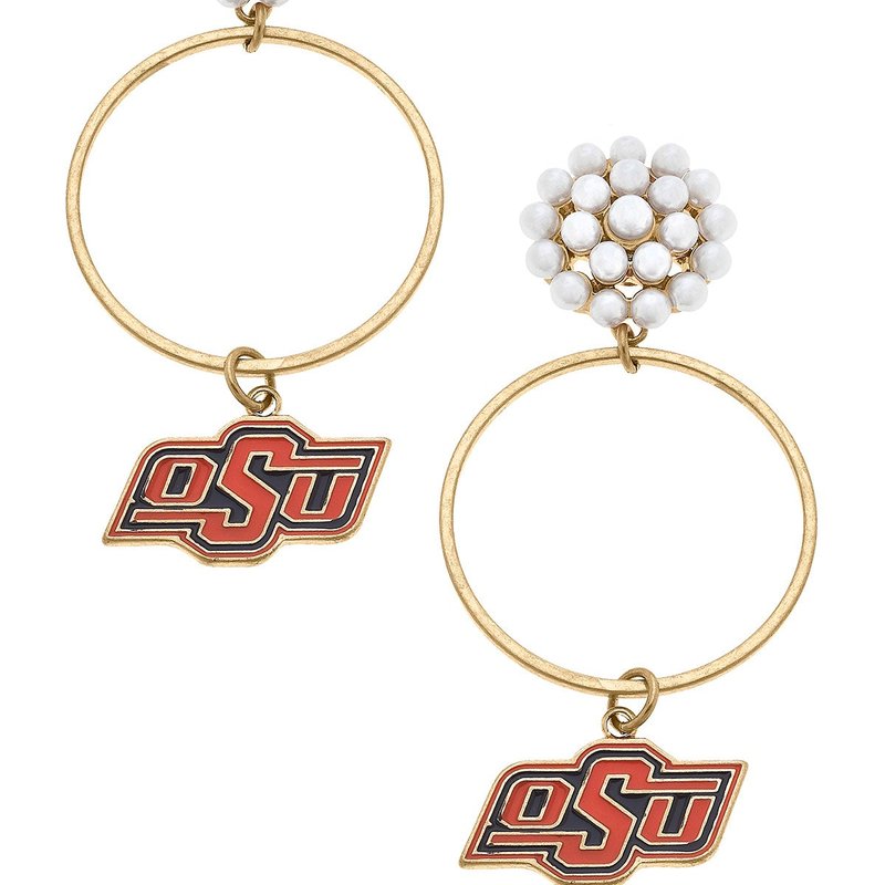 Canvas Style Oklahoma State Cowboys Pearl Cluster Enamel Hoop Earrings In Black