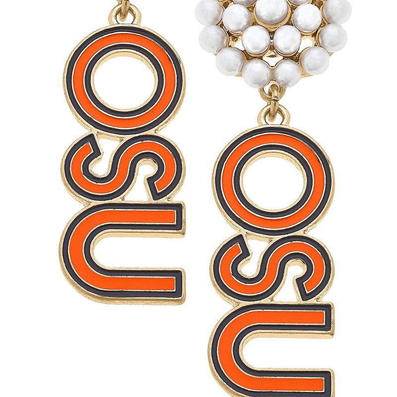 Canvas Style Oklahoma State Cowboys Pearl Cluster Outline Enamel Drop Earrings In Black