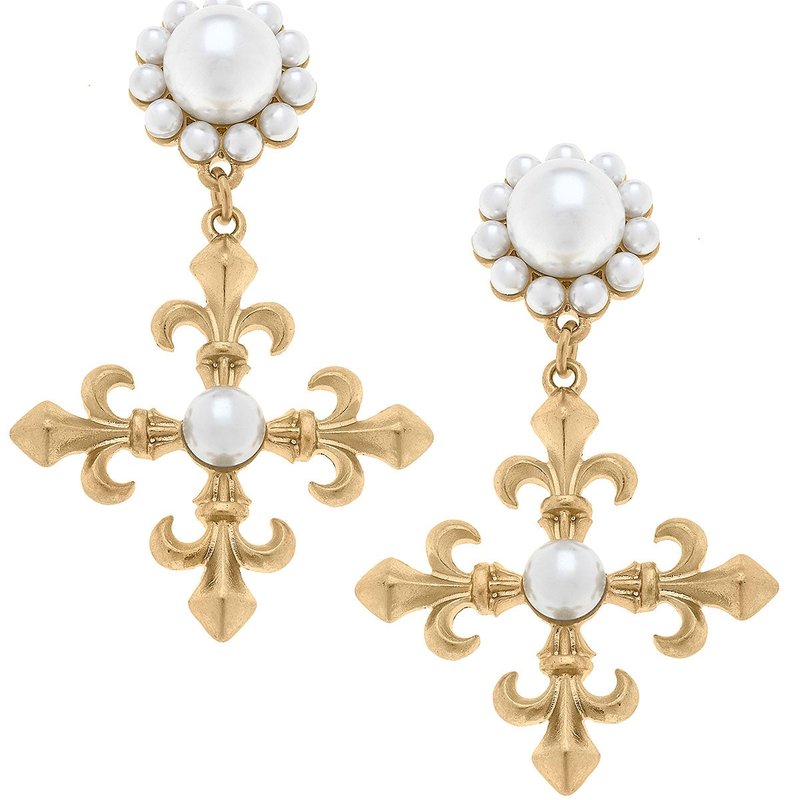 Canvas Style Olivia Fleur De Lis Cross Drop Earrings In Gold