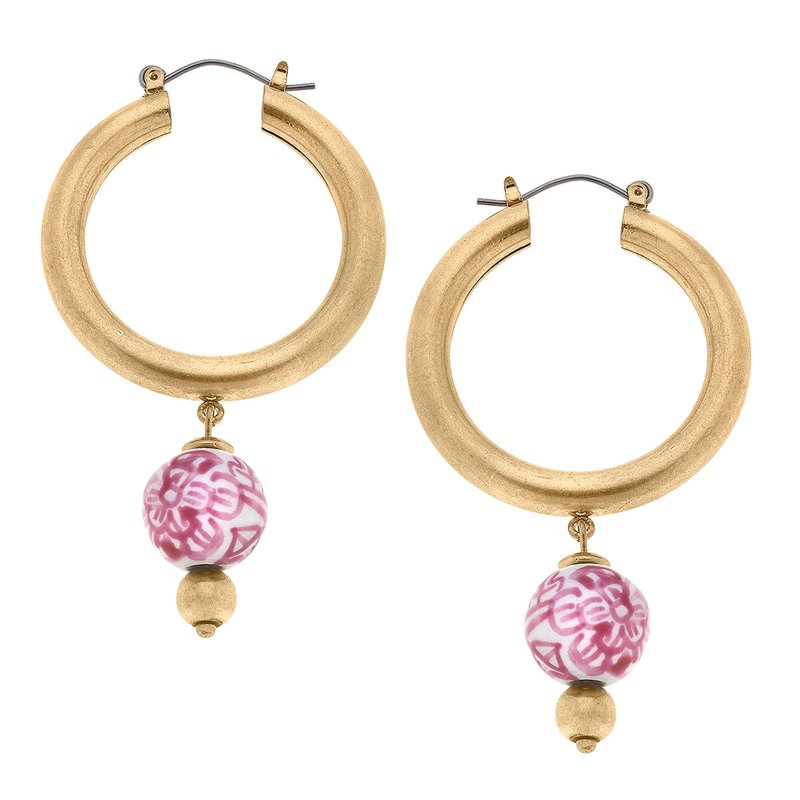 Canvas Style Paloma Chinoiserie Drop Hoop Earrings In Pink