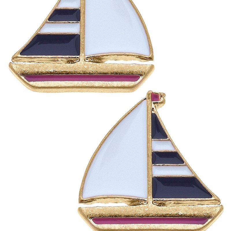 Canvas Style Penny Enamel Sailboat Stud Earrings In Navy & White In Blue