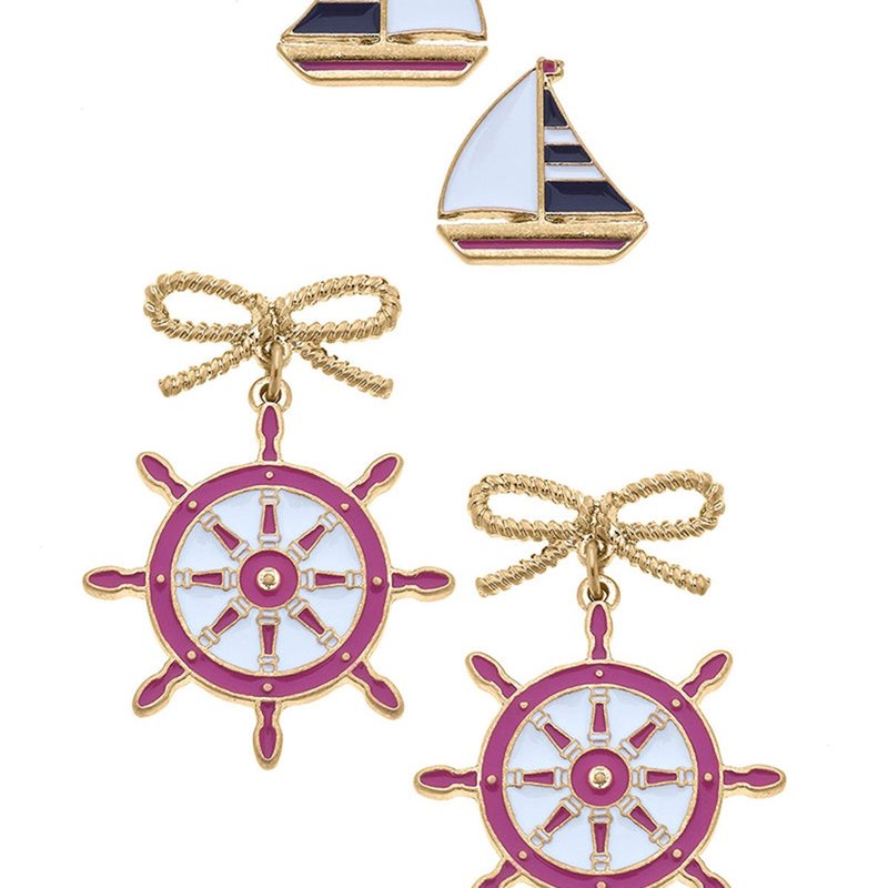 Canvas Style Penny Navy Sailboat Stud And Bobbie Pink Ship's Wheel Earring Set In Red