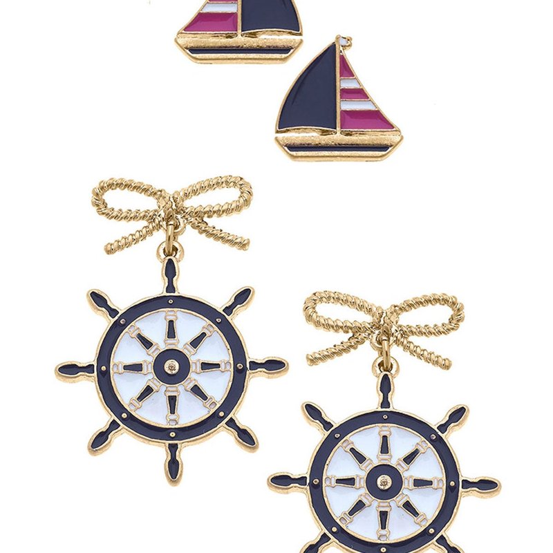 Canvas Style Penny Pink Sailboat Stud And Bobbie Navy Ship's Wheel Earring Set