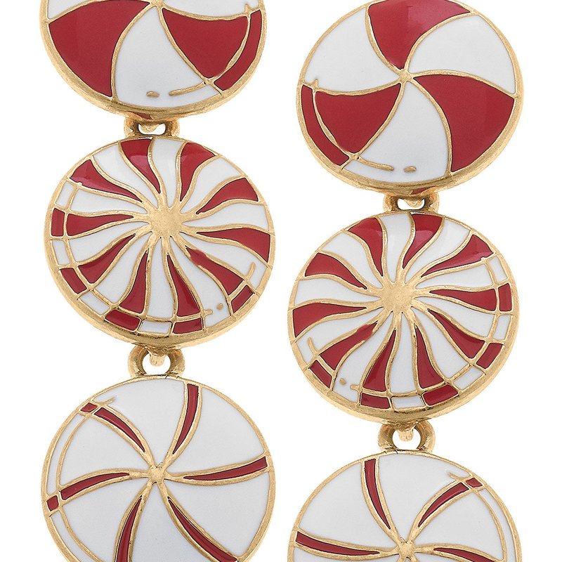 Canvas Style Peppermint Candies Linked Enamel Earrings In Red