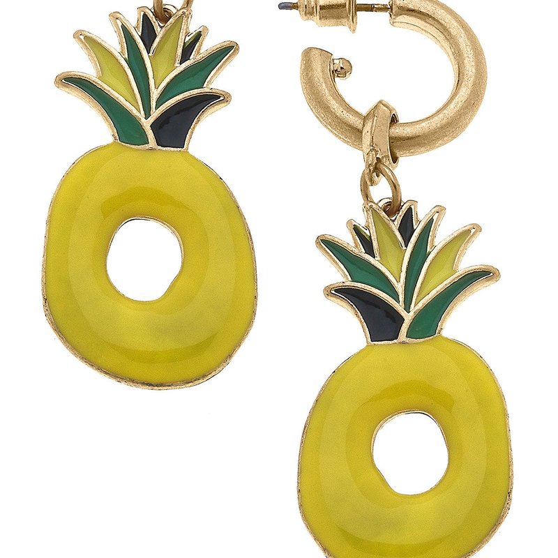 Canvas Style Pineapple Pool Float Enamel Earrings In Yellow & Green