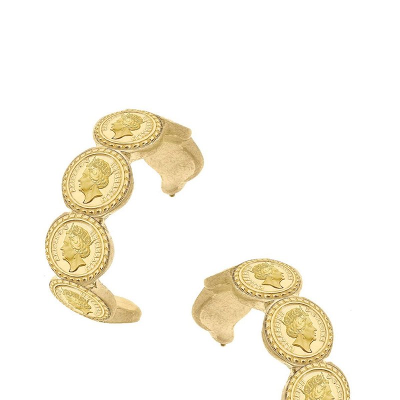 Canvas Style Queen Elizabeth Coin Hoop Earrings In Gold