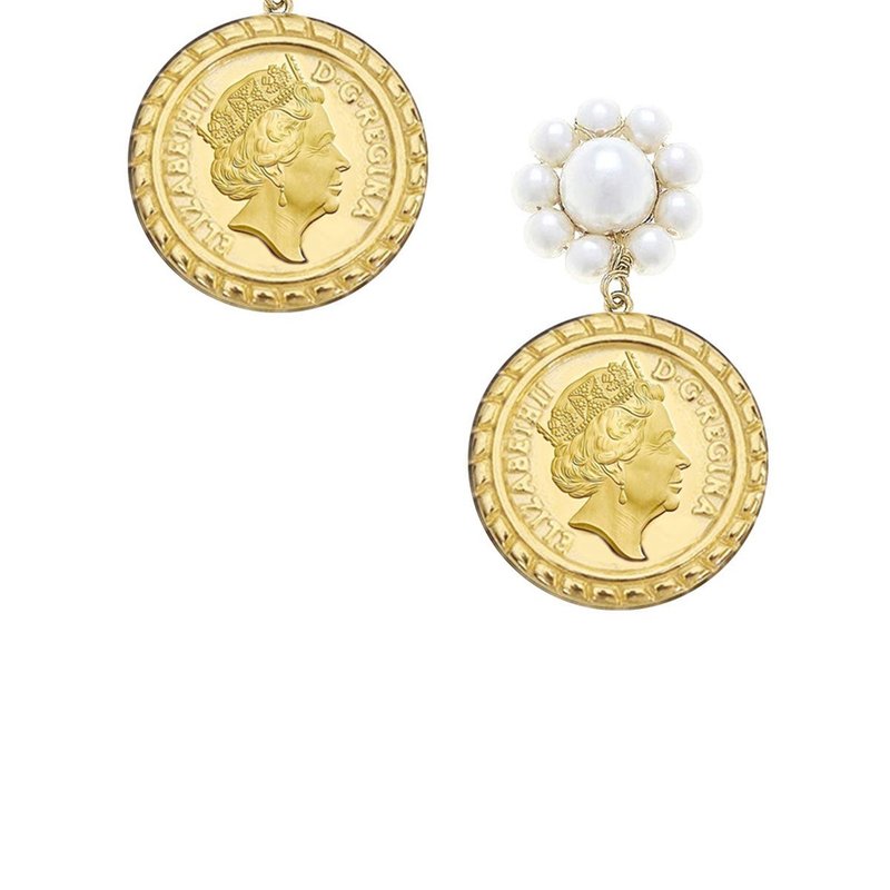 Canvas Style Queen Elizabeth Coin Pearl Drop Earrings In Gold